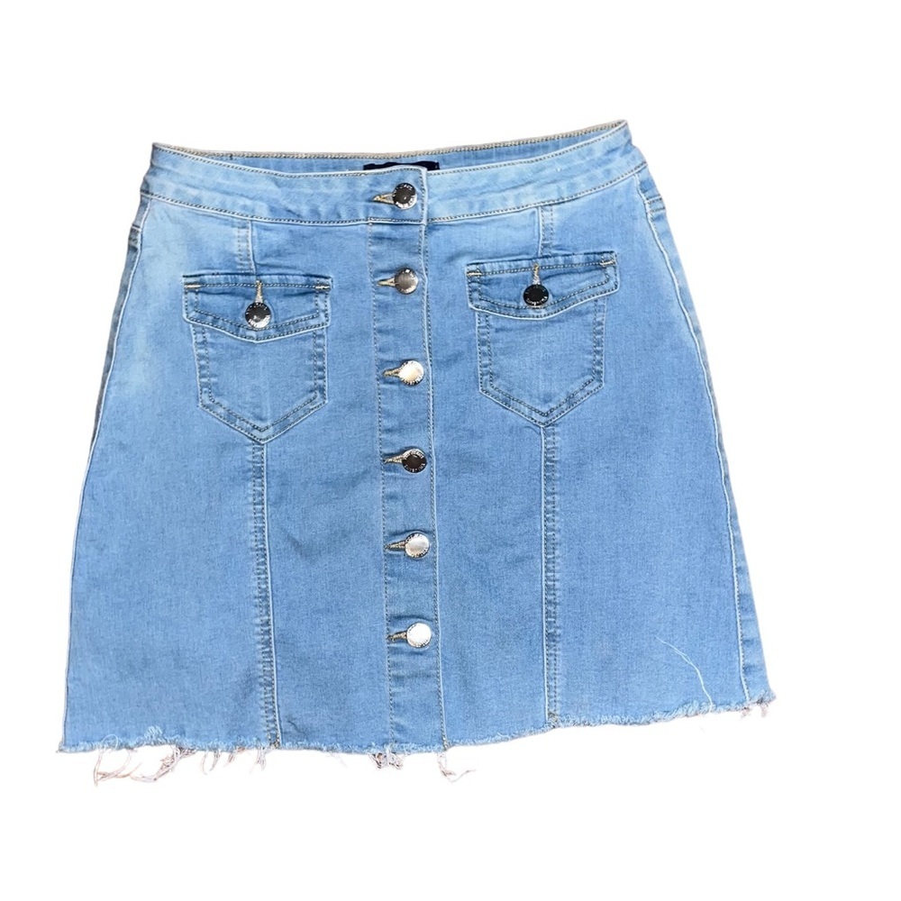 YMI Light Blue Denim Raw‎ Hem Button up Skirt Size 3/26